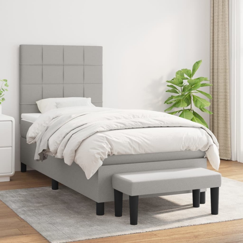 Pat box spring cu saltea, gri deschis, 90x190 cm, textil