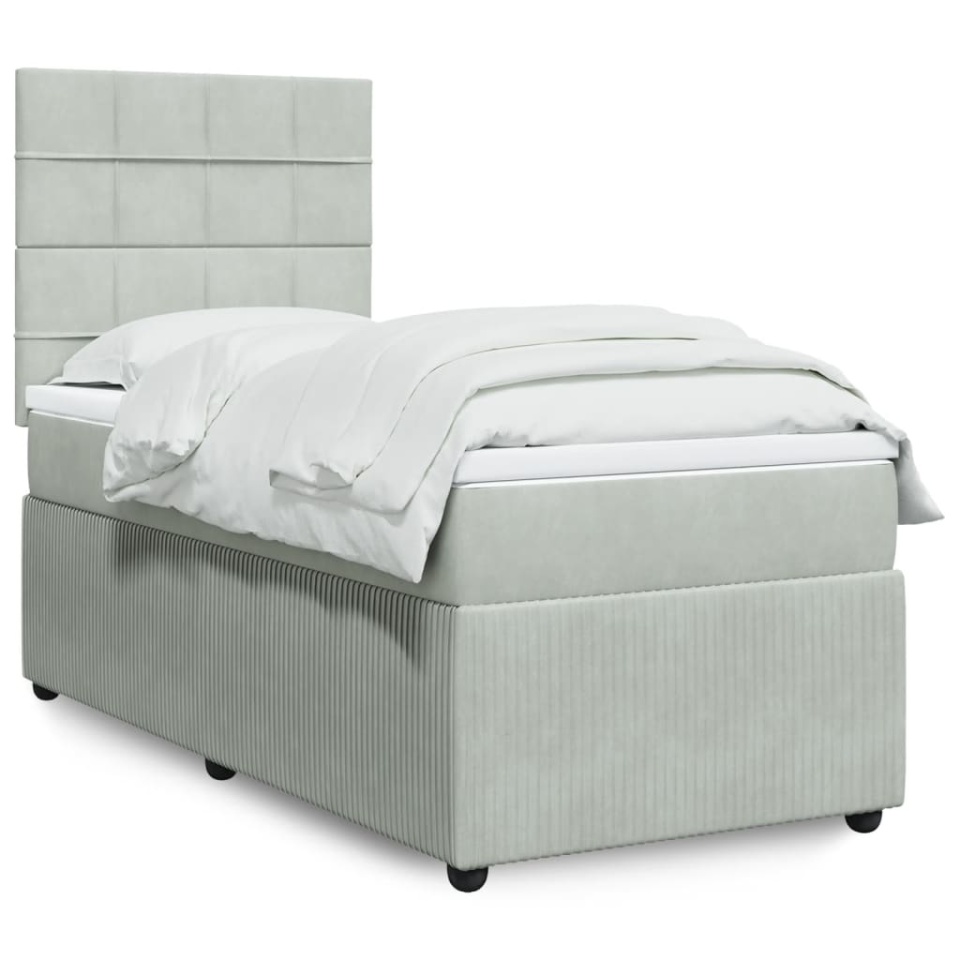 Pat box spring cu saltea, gri deschis, 90x200 cm, catifea