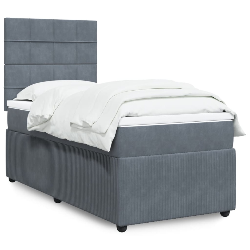 Pat box spring cu saltea, gri închis, 100x200 cm, catifea