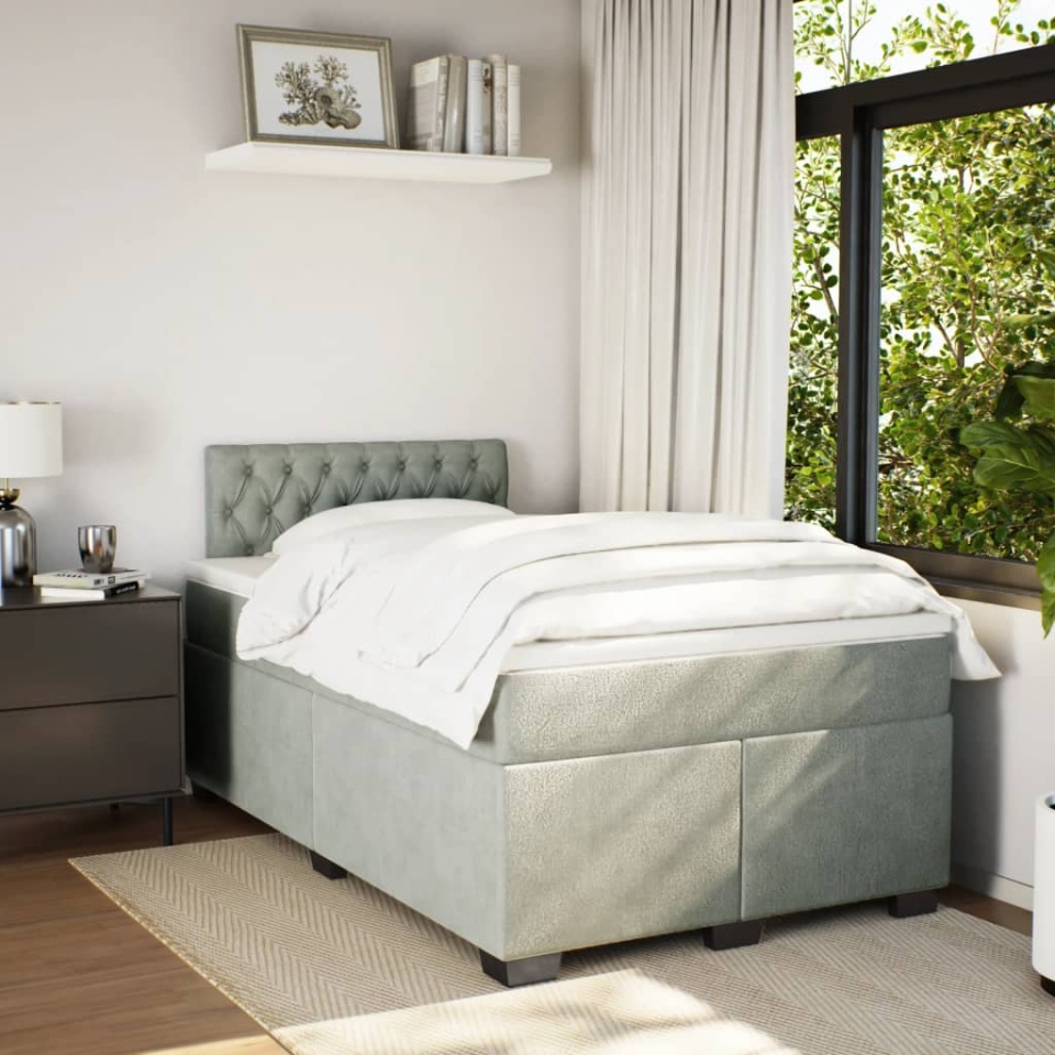 Pat continental cu saltea, gri deschis, 120x200 cm, catifea - 3 | YEO