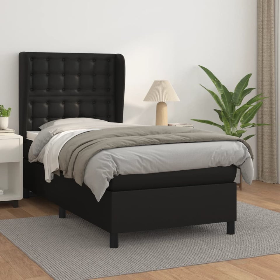 Pat continental cu saltea, negru, 80x200 cm, piele ecologică