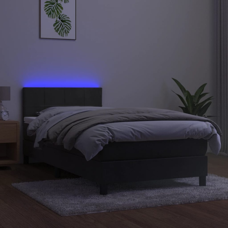 Pat cu arcuri, saltea și LED, gri închis, 90x190 cm, catifea - 2 | YEO