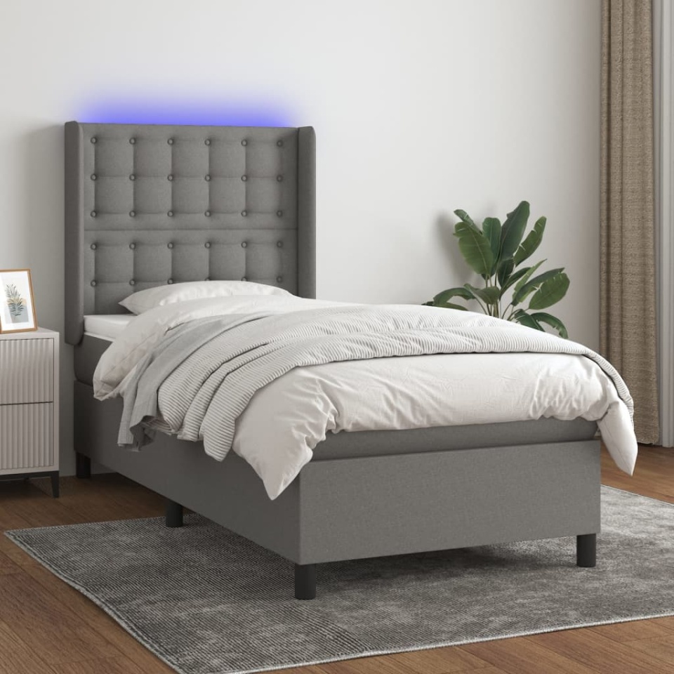 Pat cu arcuri, saltea si LED, gri inchis, 90x190 cm, textil