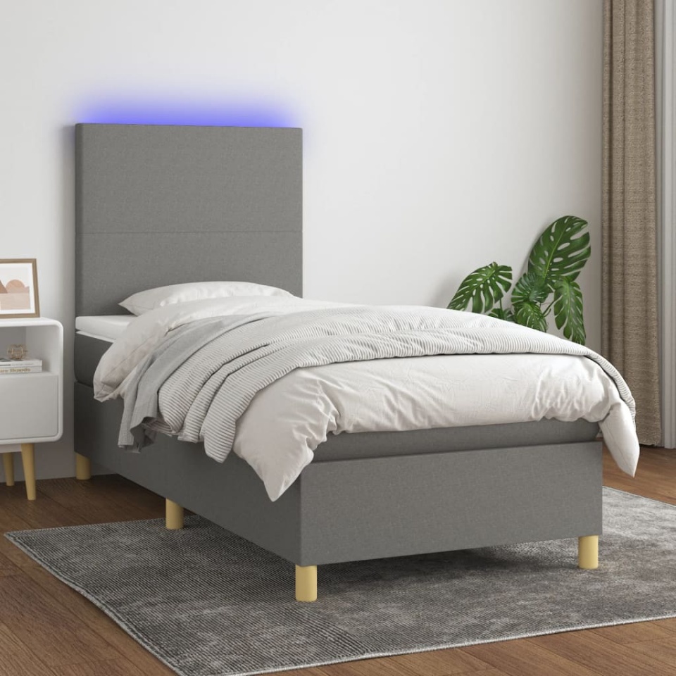 Pat cu arcuri, saltea și LED, gri închis, 90x190 cm, textil