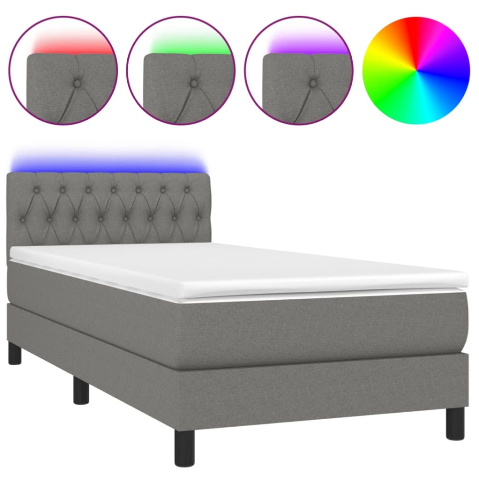 Pat cu arcuri, saltea și LED, gri închis, 90x190 cm, textil - 1 | YEO