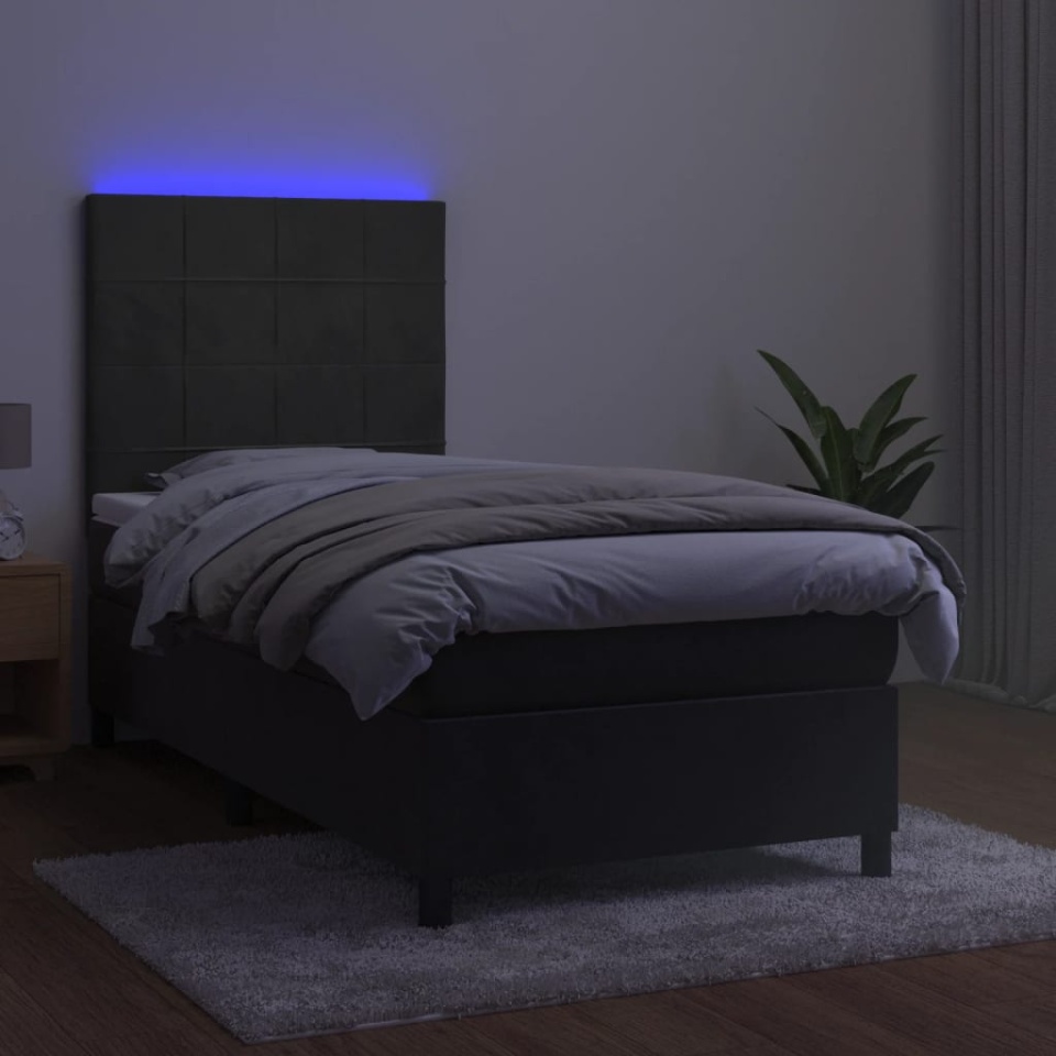 Pat cu arcuri, saltea și LED, gri închis, 90x200 cm, catifea - 3 | YEO