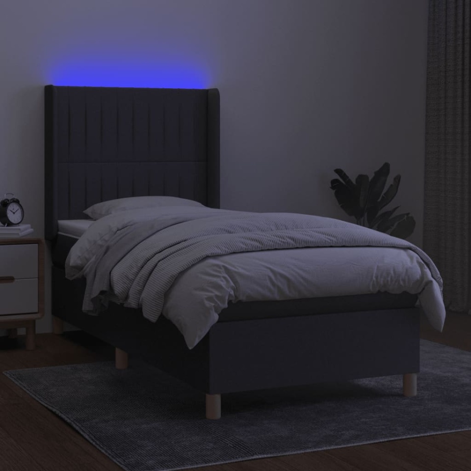 Pat cu arcuri, saltea și LED, gri închis, 90x200 cm, textil - 2 | YEO