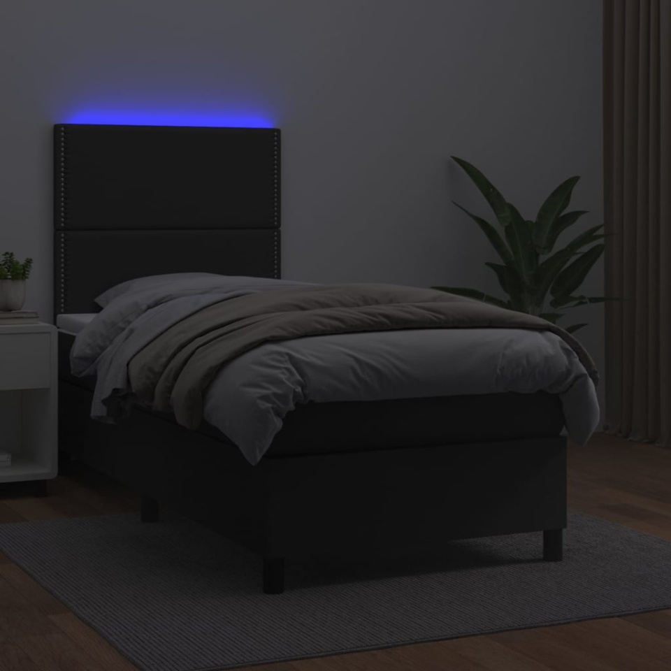 Pat cu arcuri, saltea și LED, negru, 100x200cm, piele ecologică - 3 | YEO