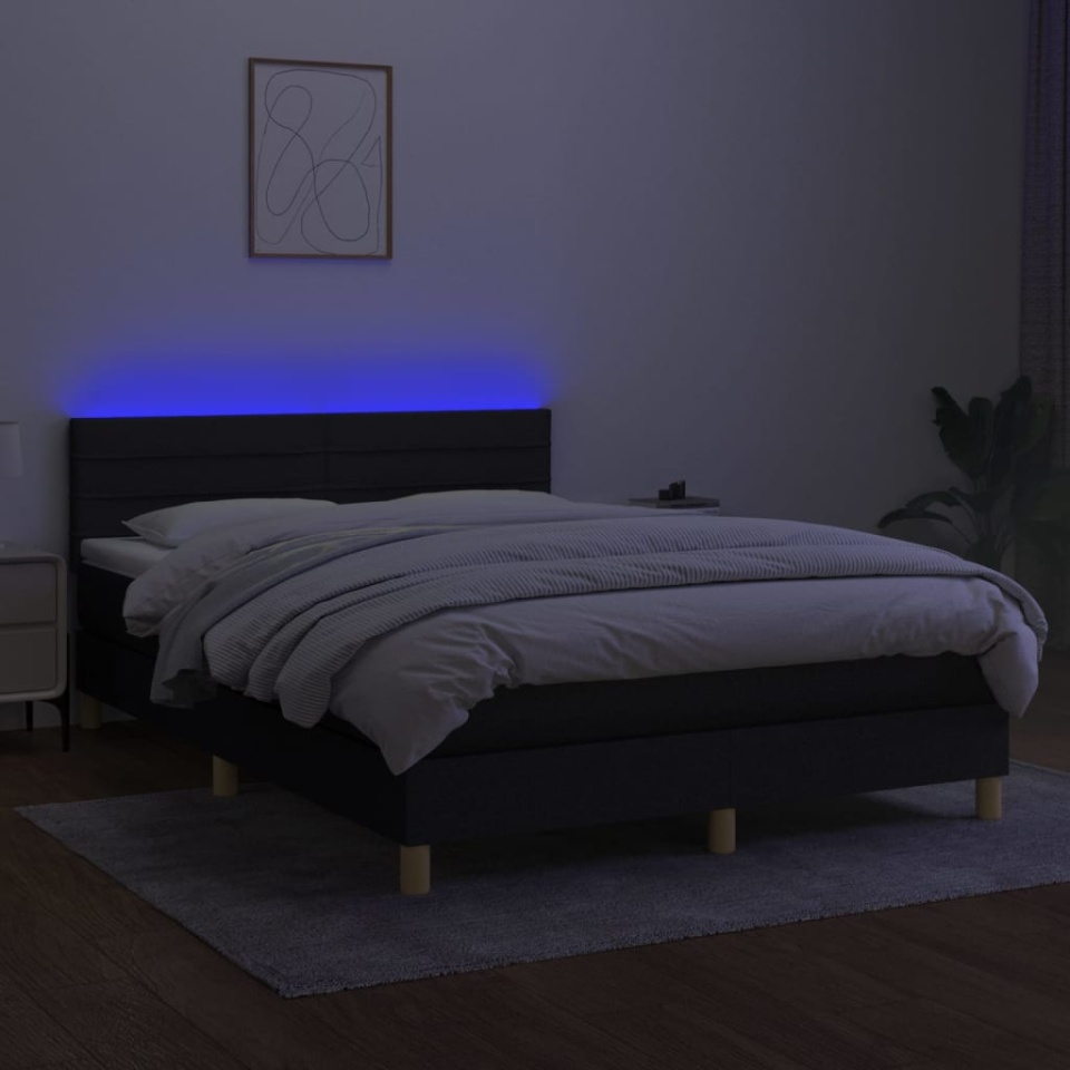 Pat cu arcuri, saltea și LED, negru, 140x200 cm, textil - 2 | YEO