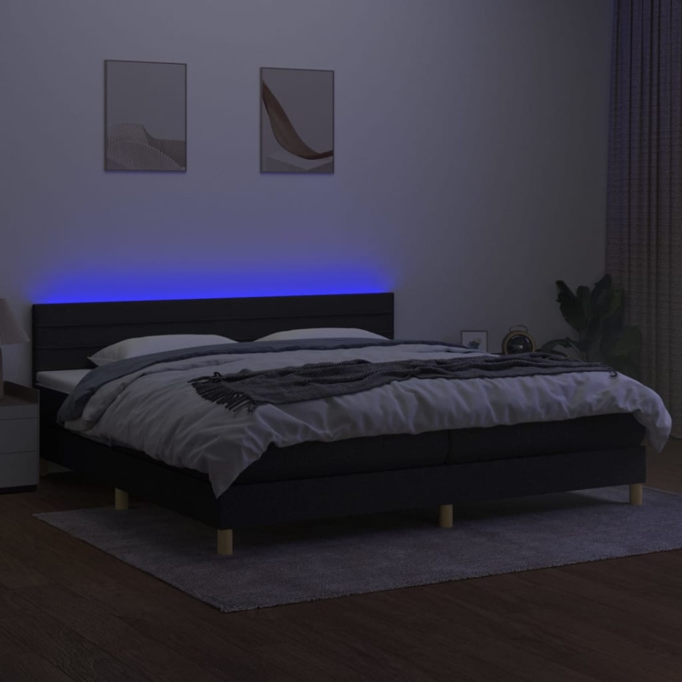 Pat cu arcuri, saltea și LED, negru, 200x200 cm, textil - 2 | YEO