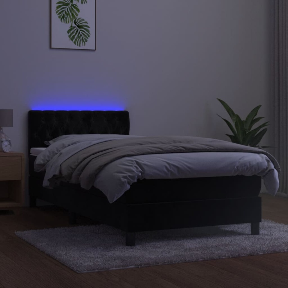 Pat cu arcuri, saltea și LED, negru, 90x200 cm, catifea - 3 | YEO