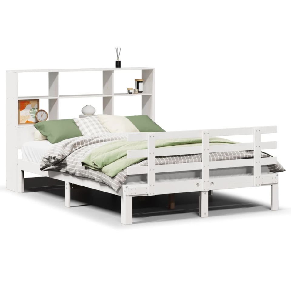 Pat cu bibliotecă fără saltea, alb, 140x190 cm, lemn masiv pin - 1 | YEO