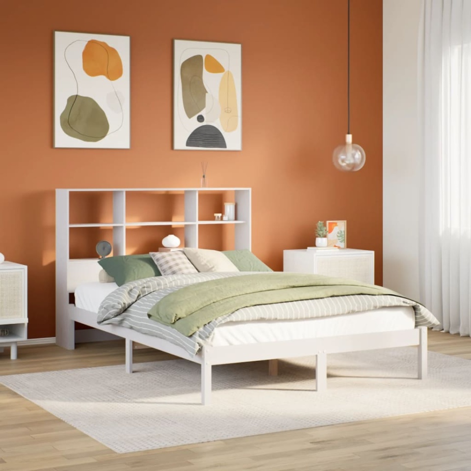 Pat cu bibliotecă fără saltea, alb, 140x200 cm, lemn masiv pin