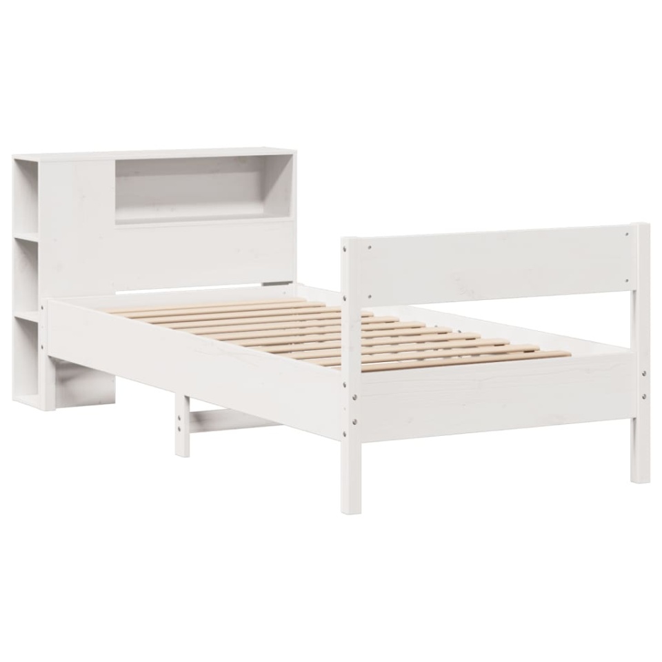 Pat cu bibliotecă fără saltea, alb, 75x190 cm, lemn masiv pin - 2 | YEO