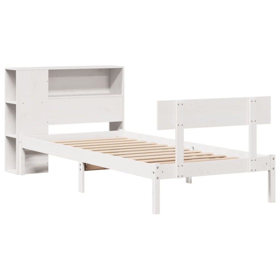 Pat cu bibliotecă fără saltea, alb, 90x200 cm, lemn masiv pin - 2 | YEO