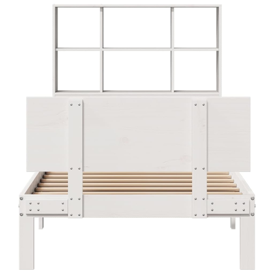 Pat cu bibliotecă fără saltea, alb, 90x200 cm, lemn masiv pin - 3 | YEO