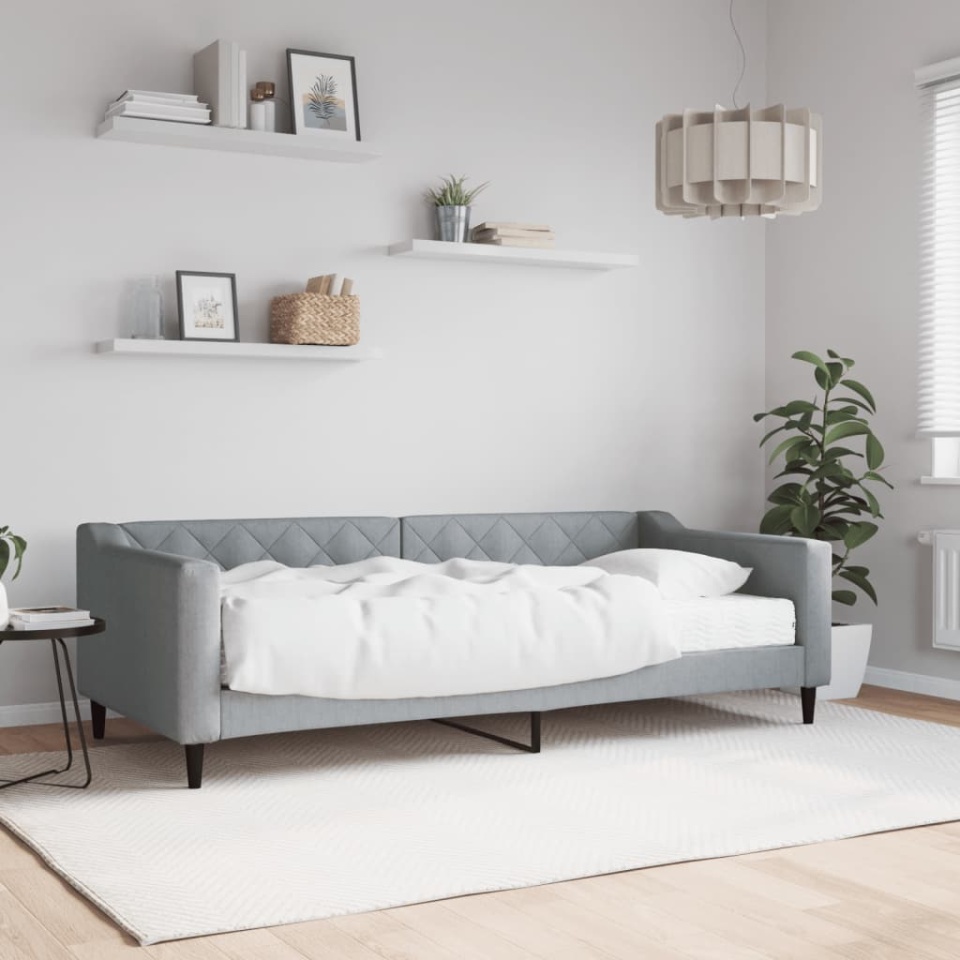 Pat de zi cu saltea, gri deschis, 90x200 cm, textil