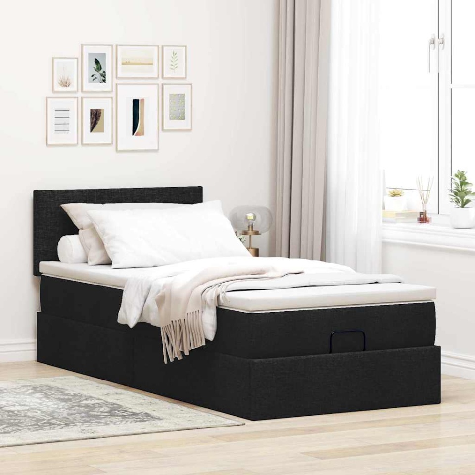 Pat otoman cu saltea negru 100x200 cm stofa - 2 | YEO