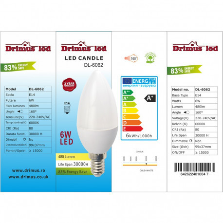 Set 6 Becuri LED Drimus E14 6W lumina rece DL-6062