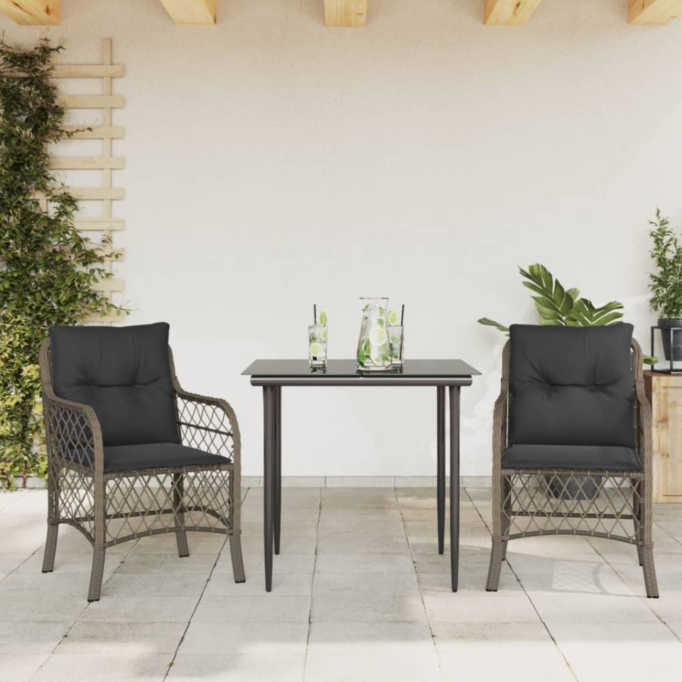Set bistro de grădină cu perne, 3 piese, gri, poliratan