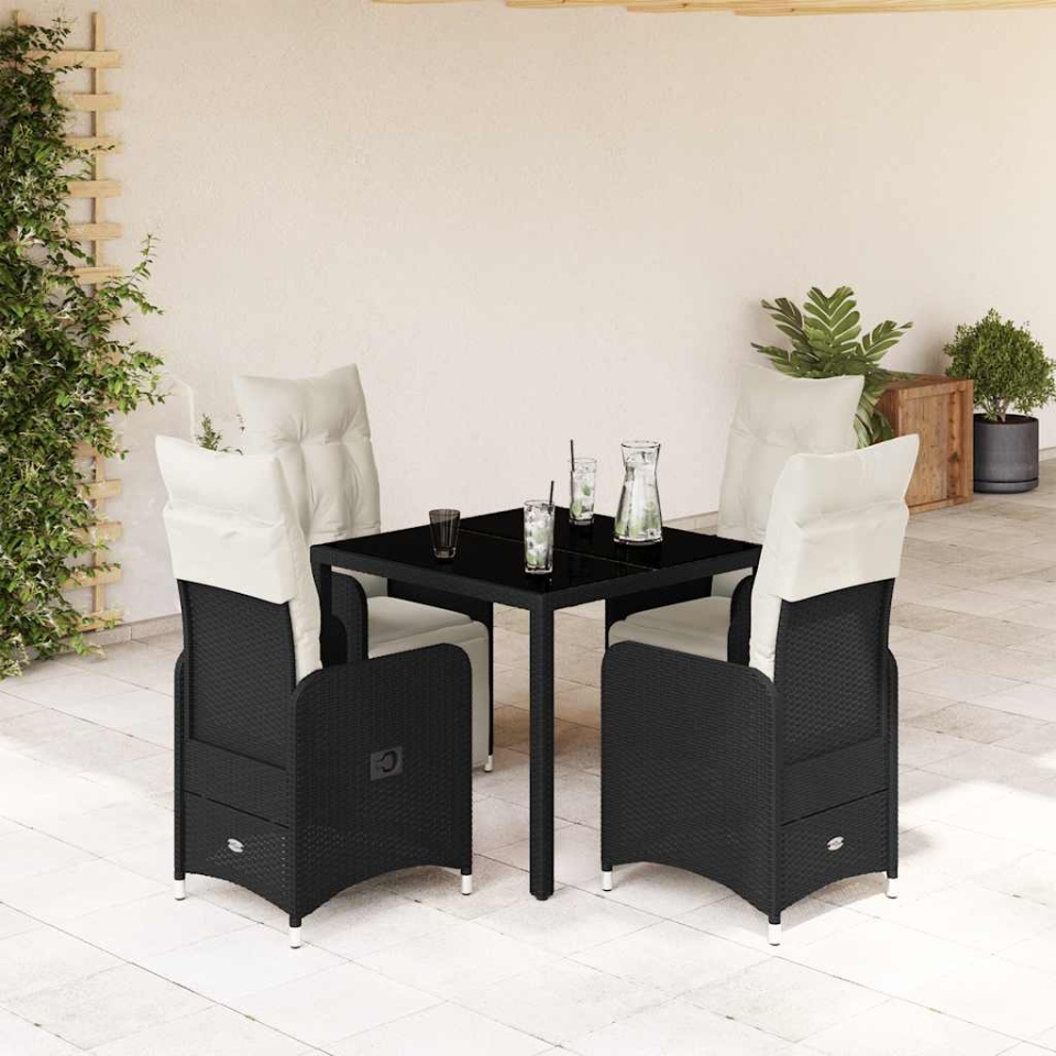 Set bistro de grădină cu perne, 5 piese, negru, poliratan
