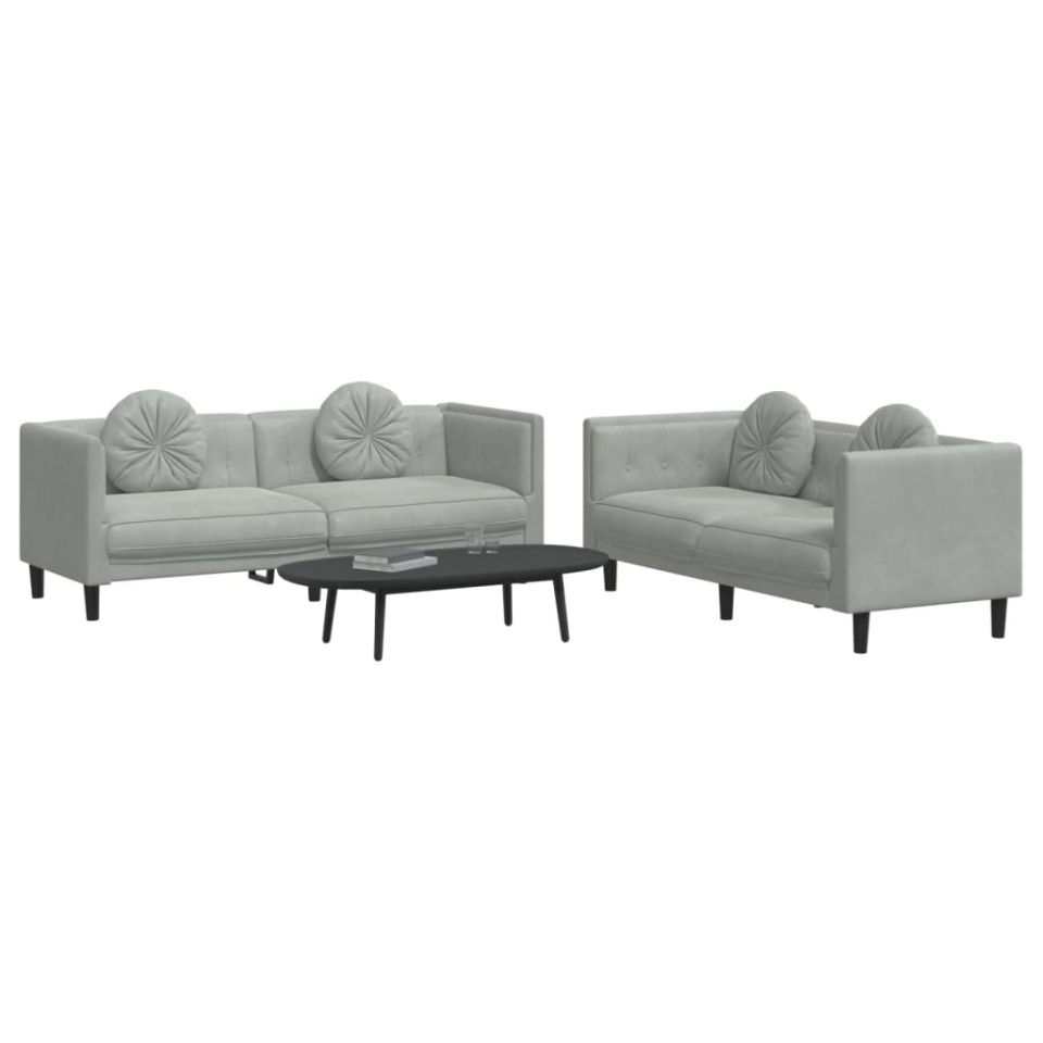 Set canapea cu perne, 2 piese, gri deschis, catifea - 2 | YEO