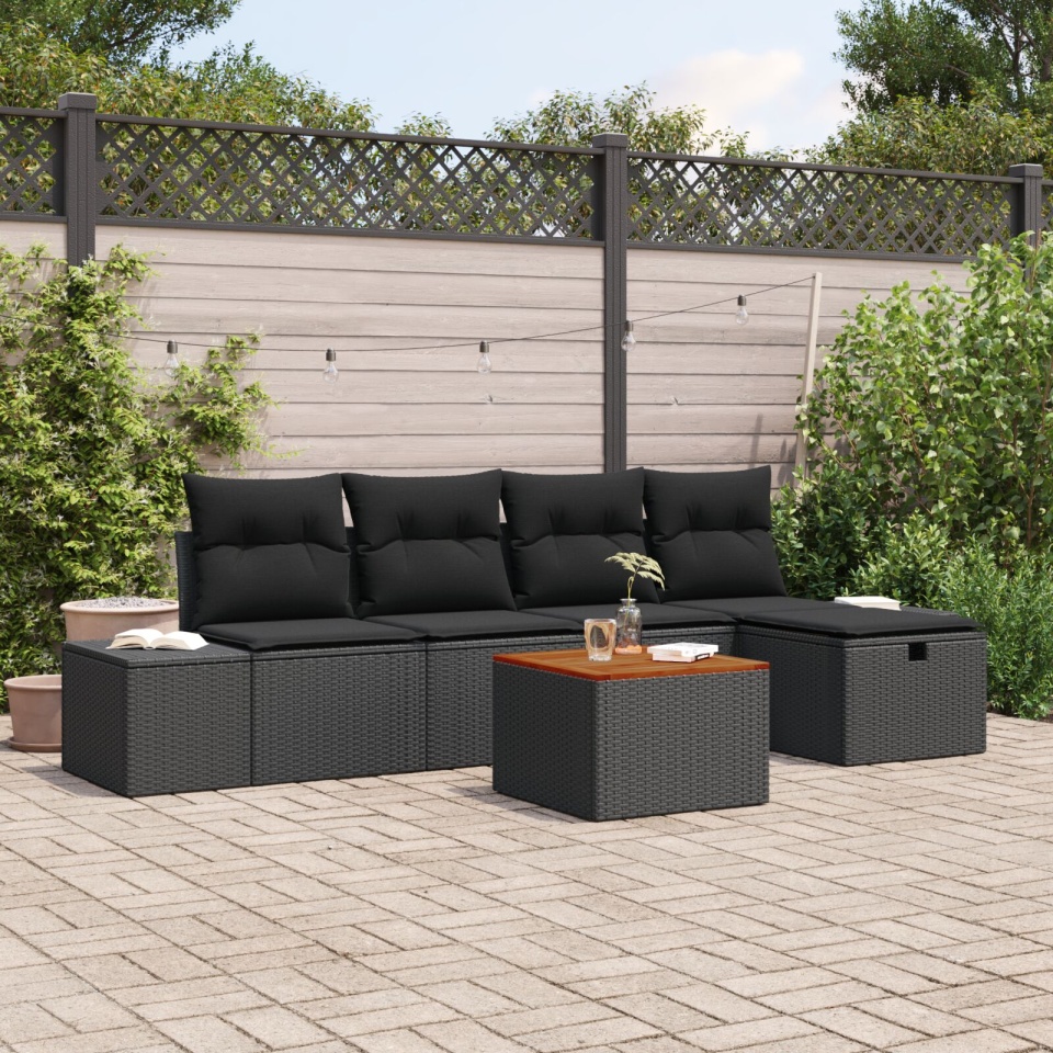 Set Canapea de Grădină Set de 6 Negru Ratan Sintetic, Fabrică, Oțel