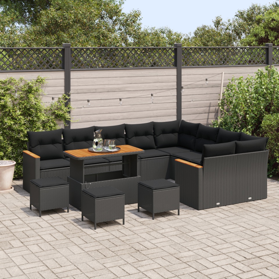 Set Canapea Grădină cu 13 Piese cu Pernă Negru Poli Ratan Acacia, Set de Dining Grădină cu 4 Piese cu Pernă Negru Poli Ratan Acacia - 2 | YEO
