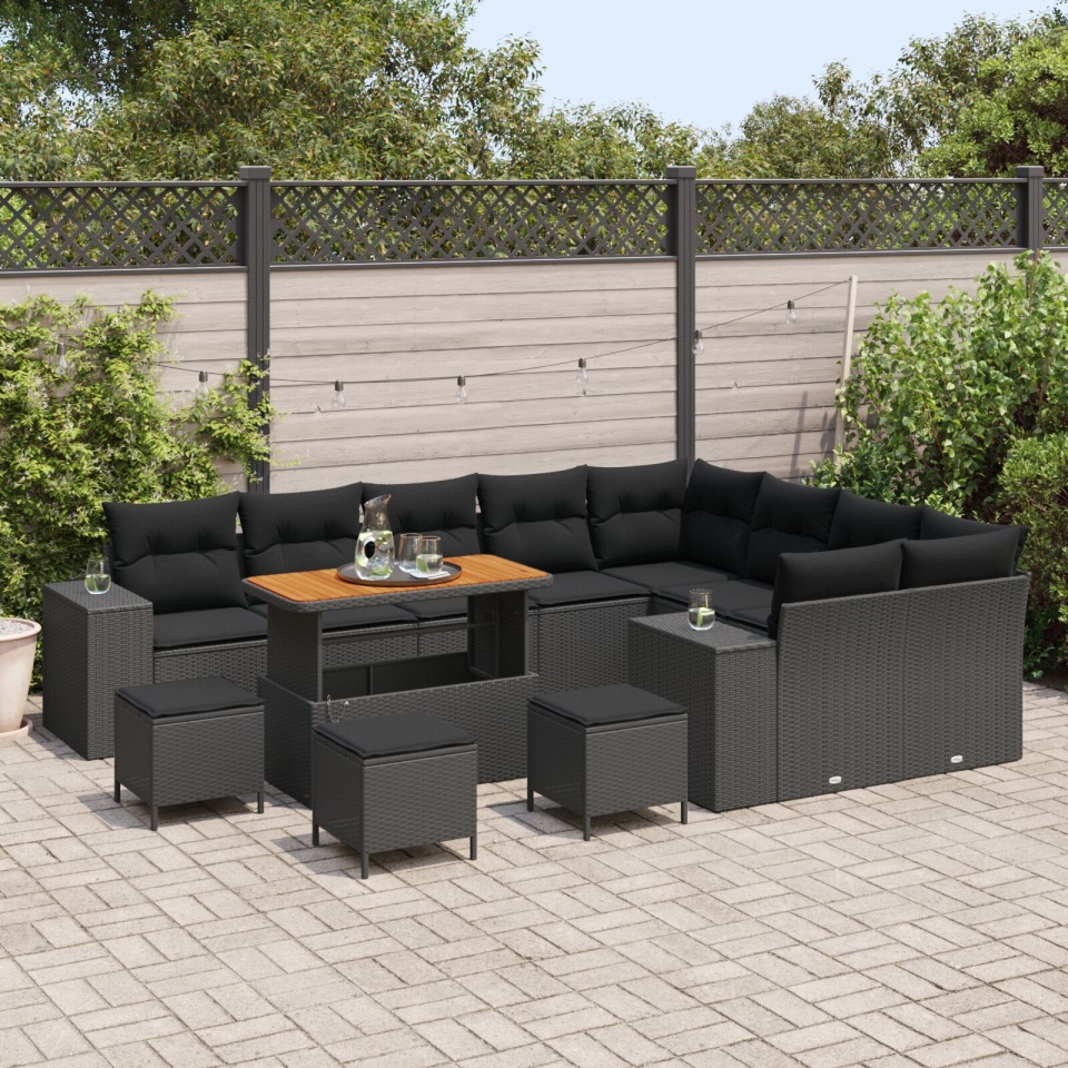 Set canapea grădină cu perne Negru Poliratan Acacia, Set dining grădină cu 4 piese cu perne Negru Poliratan Acacia - 2 | YEO