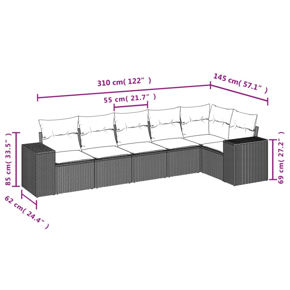Set canapele de grădină cu perne, 6 piese, maro, poliratan - 2 | YEO
