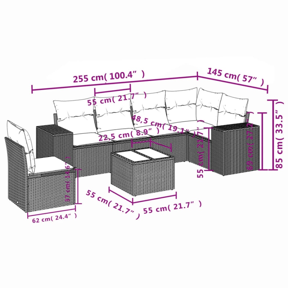 Set canapele de grădină cu perne, 7 piese, maro, poliratan - 2 | YEO