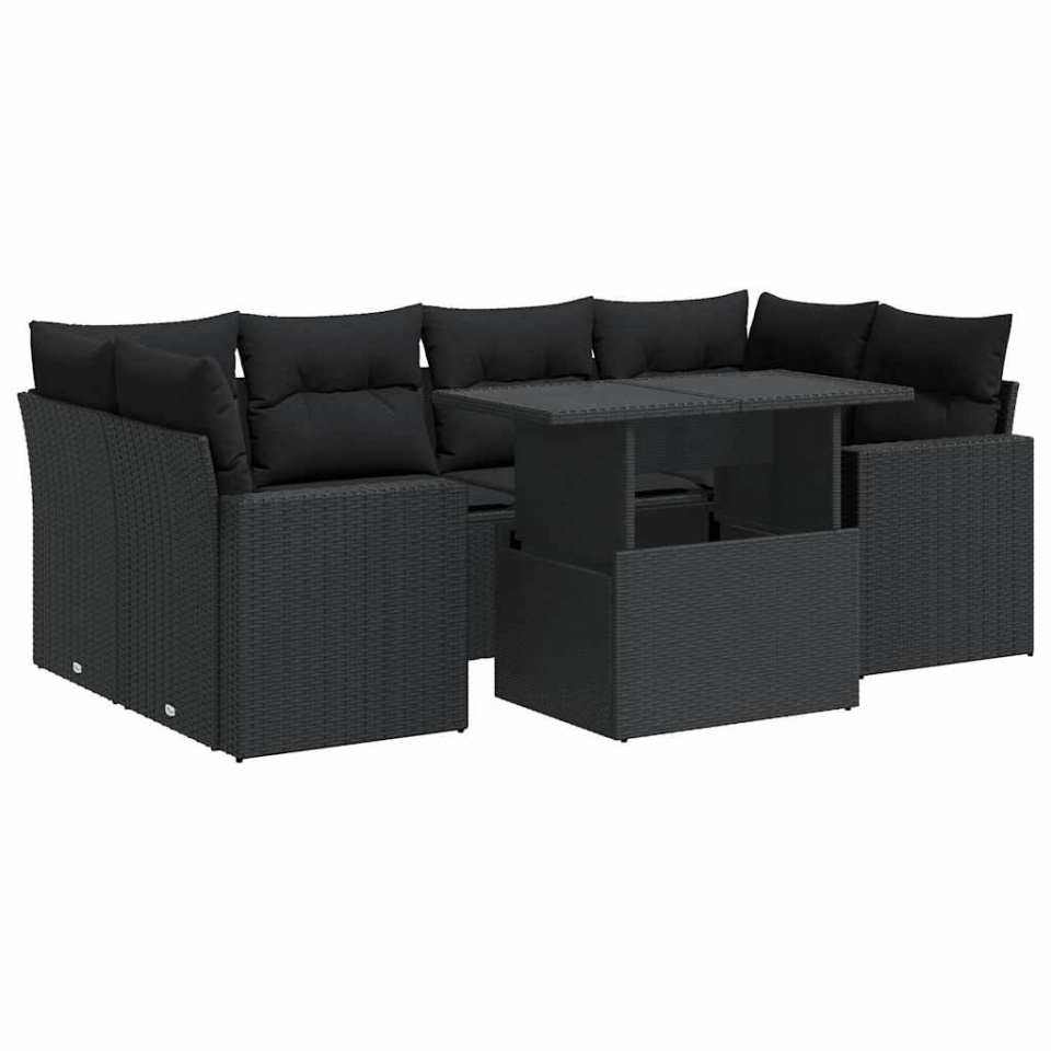 Set canapele de grădină cu perne, 7 piese, negru, poliratan - 1 | YEO
