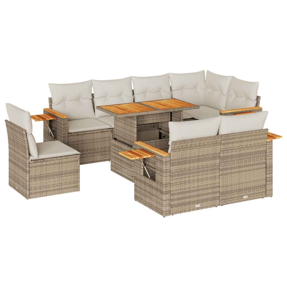 Set canapele grădină cu perne 9 piese bej poliratan/lemn acacia - 1 | YEO