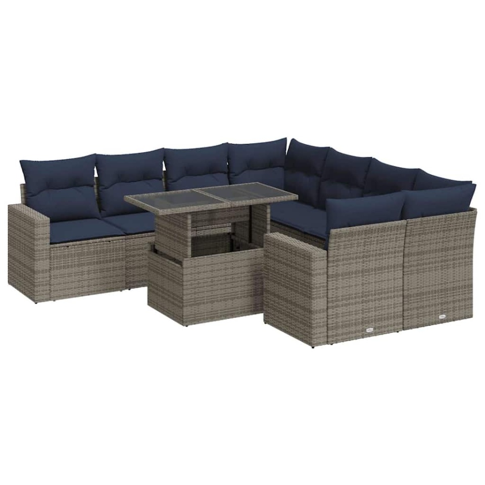 Set canapele grădină cu perne 9 piese gri poliratan/lemn acacia - 1 | YEO