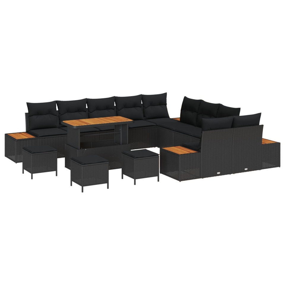 Set de 13 Piese Sofa de Grădină cu Pernuțe Negru Poliratan Acacia, Set de 3 Piese Masă de Grădină cu Pernuțe Negru Poliratan Acacia - 1 | YEO