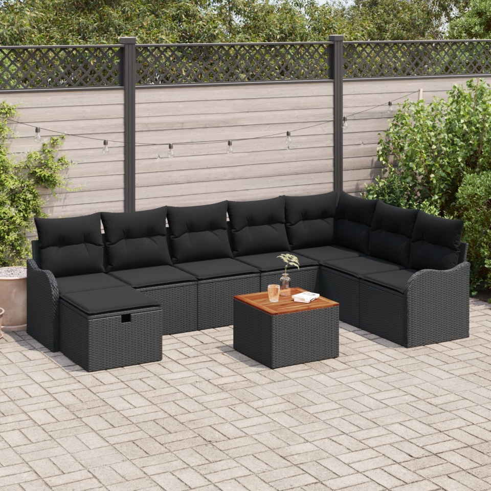 Set de 9 Piese Sofa de Grădină cu Perne din Ratan Poliester Negru, Sofa de Grădină pentru 2 Persoane cu Spațiu de Depozitare & Perne din Ratan Poliester Negru