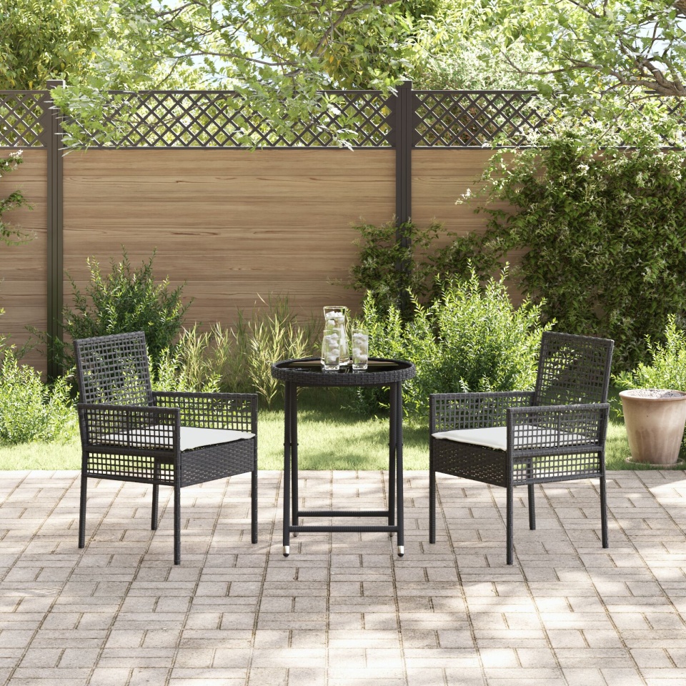 Set de Bistro pentru Grădină cu 3 Piese și Perne Negru Poly Rattan - 3 | YEO