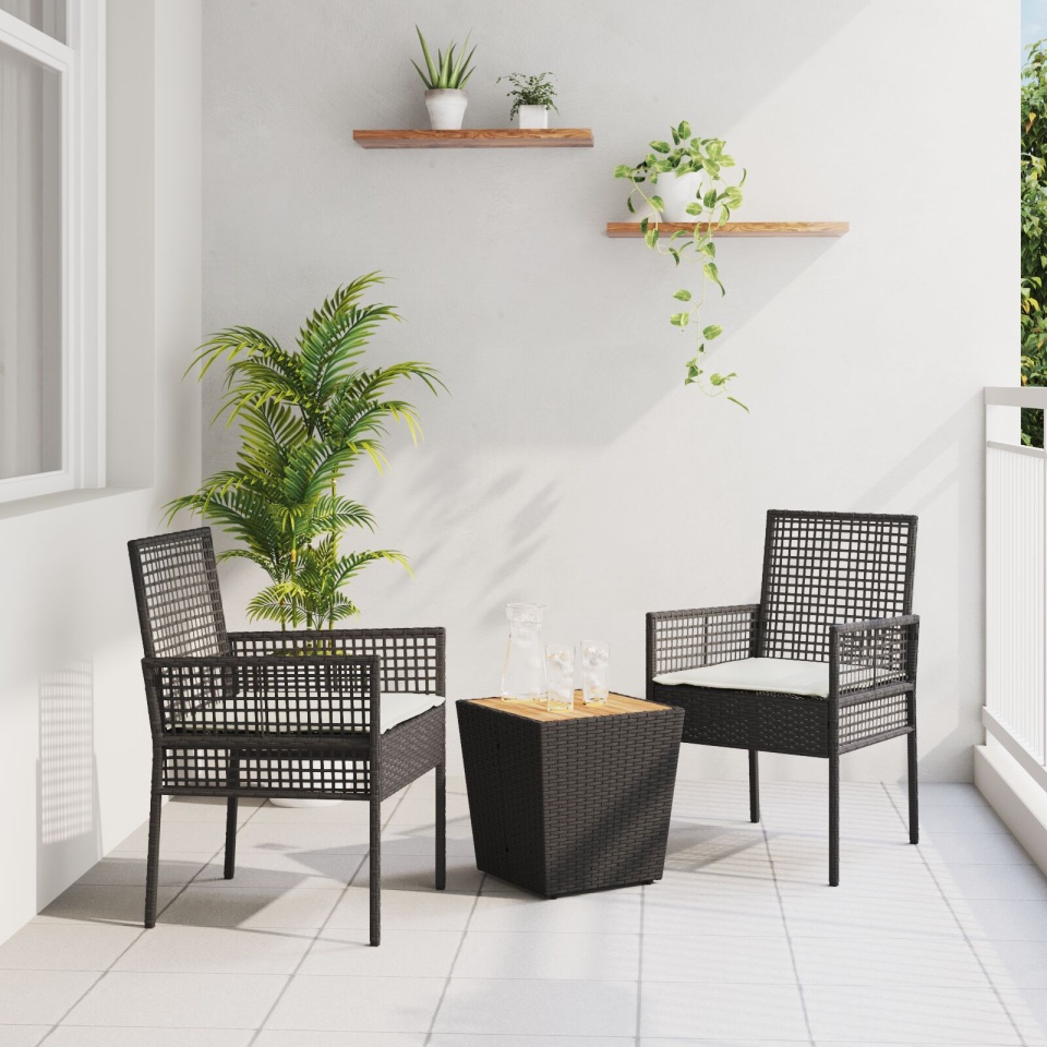 Set de bistrou de grădină 3 piese cu perne Negru Poliratan