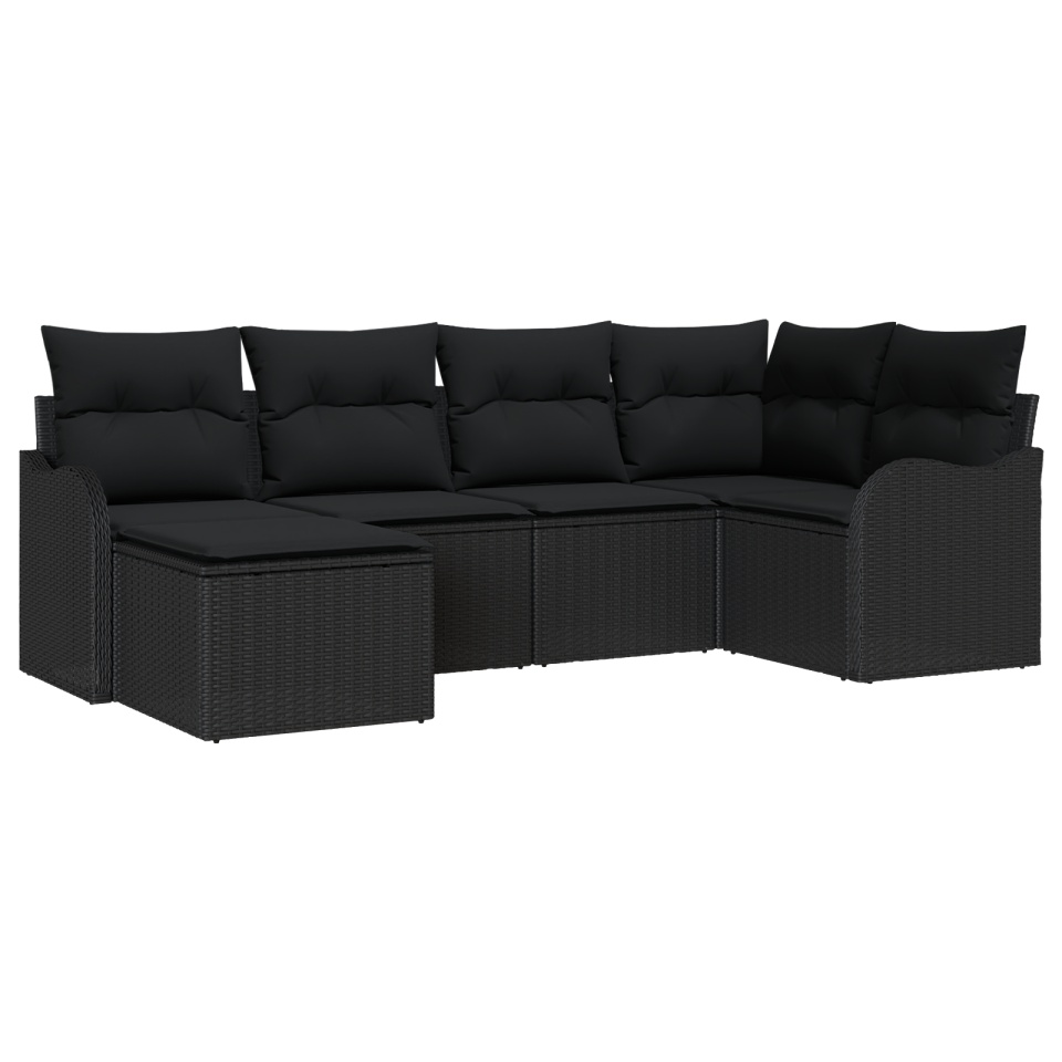Set de canapea de grădină 6 piese cu perne Ratan poliester negru, Canapea de grădină 2 căi cu perne Ratan poliester negru - 1 | YEO