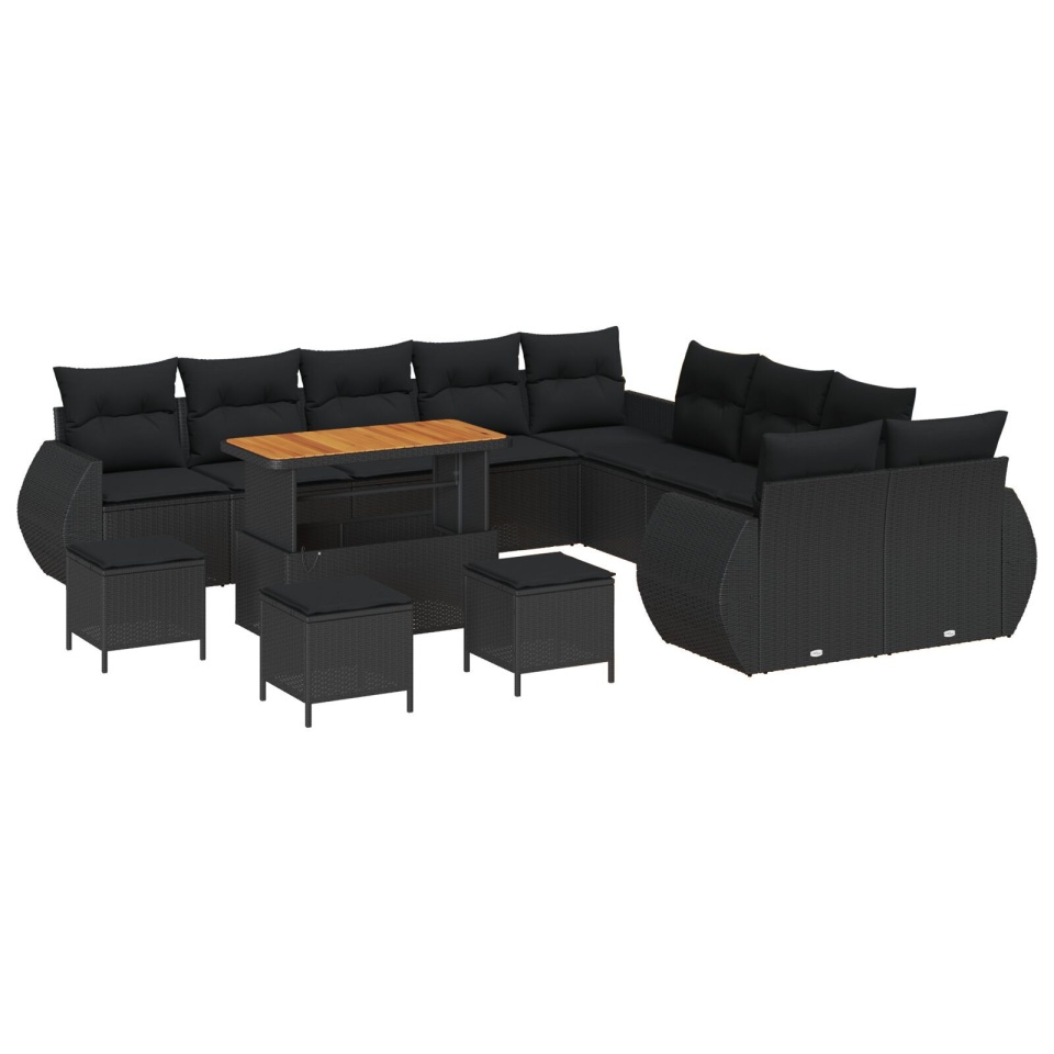 Set de Canapea de Grădină cu 13 Piese cu Perne Ratan Polimeric Negru Acacia, Set de Masa de Grădină cu 3 Piese cu Perne Ratan Polimeric Negru Acacia - 1 | YEO