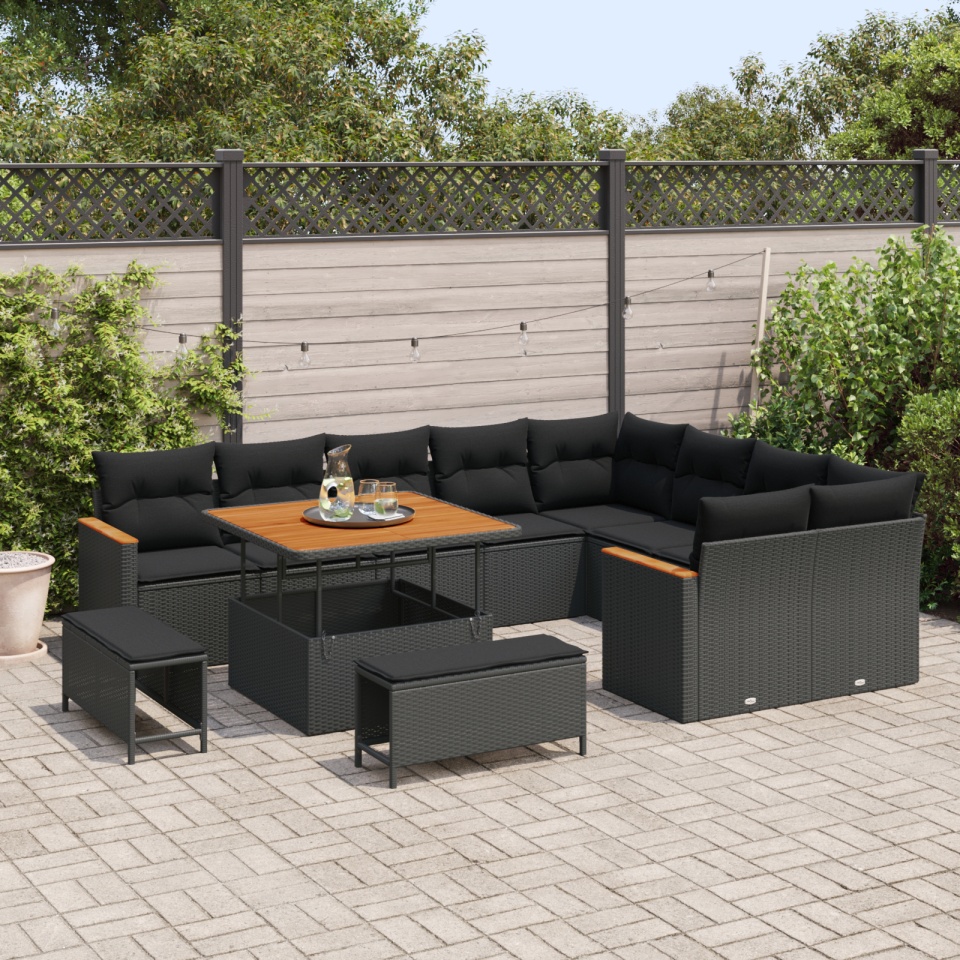 Set de canapea de grădină cu perne 12 piese Negru Poliratan Acacia, Set de dining de grădină 3 piese cu perne Negru Poliratan Acacia - 2 | YEO