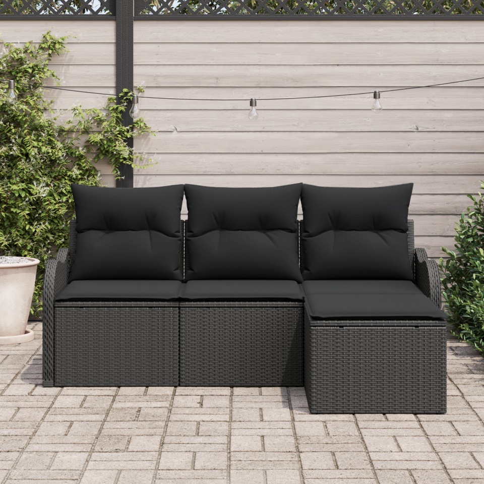 Set de Canapea Grădină 4 Piese cu Perne Rattan Polimer Negru, Canapea de Grădină 2 Locuri cu Perne Rattan Polimer Negru - 2 | YEO