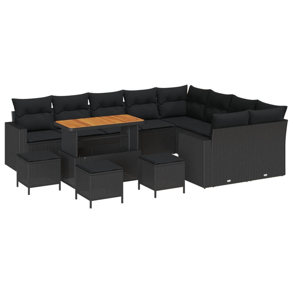 Set de canapea pentru grădină 13 piese cu perne Negru Poliratan Acacia, Set de dining pentru grădină 4 piese cu perne Negru Poliratan Acacia - 1 | YEO