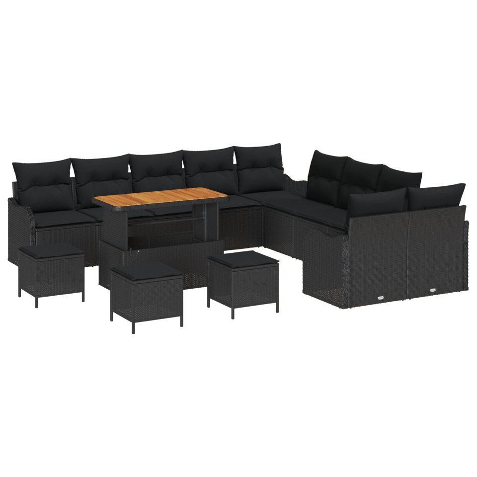 Set de Canapea pentru Grădină de 14 piese cu Perne Negru Poliratan Acacia, Canapea de Grădină cu 2 locuri și Perne Negru Poliratan, Set de Dining pentru Grădină de 4 piese cu Perne Negru Poliratan Acacia - 1 | YEO