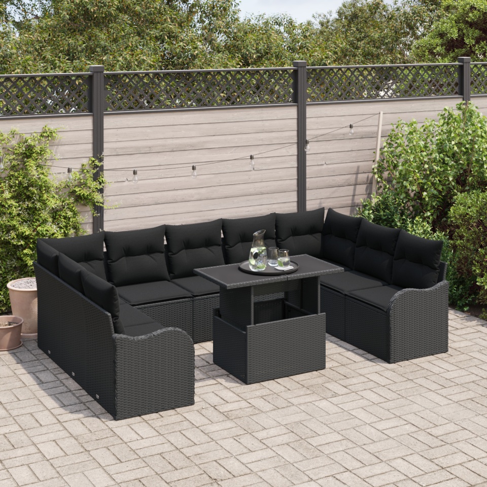 Set de canapele pentru grădină din 10 piese cu perne, Negru, Poliratan, Canapea de grădină pentru 2 persoane cu perne, Negru, Poliratan - 2 | YEO
