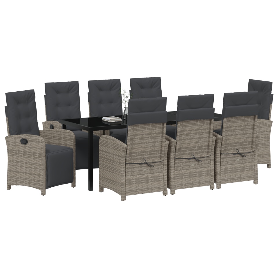 Set de dining pentru grădină cu 9 piese și perne gri din ratan poli, Masă de grădină neagră 200x80x73 cm din sticlă securizată - 2 | YEO