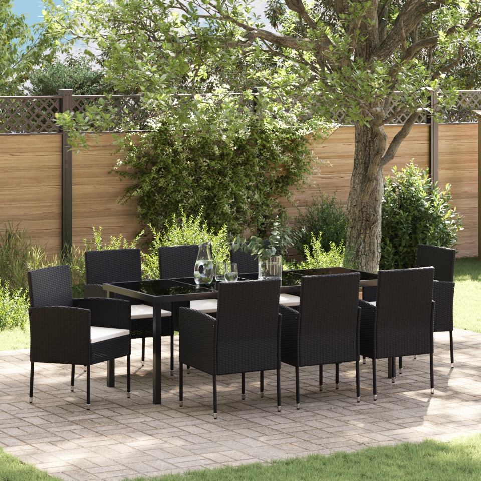Set de dining pentru grădină din 9 piese cu perne Negru Ratan Polimer