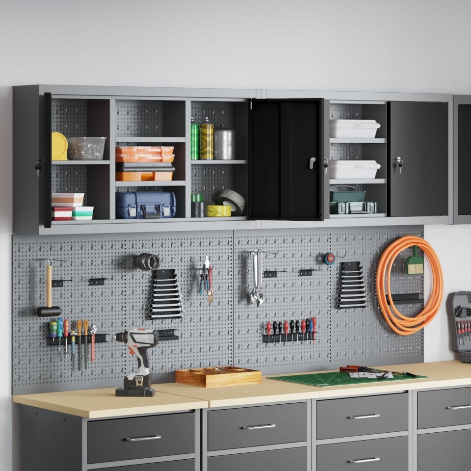 Set de dulap pentru unelte și panou de prindere de 4 piese, montat pe perete, metal negru - 3 | YEO