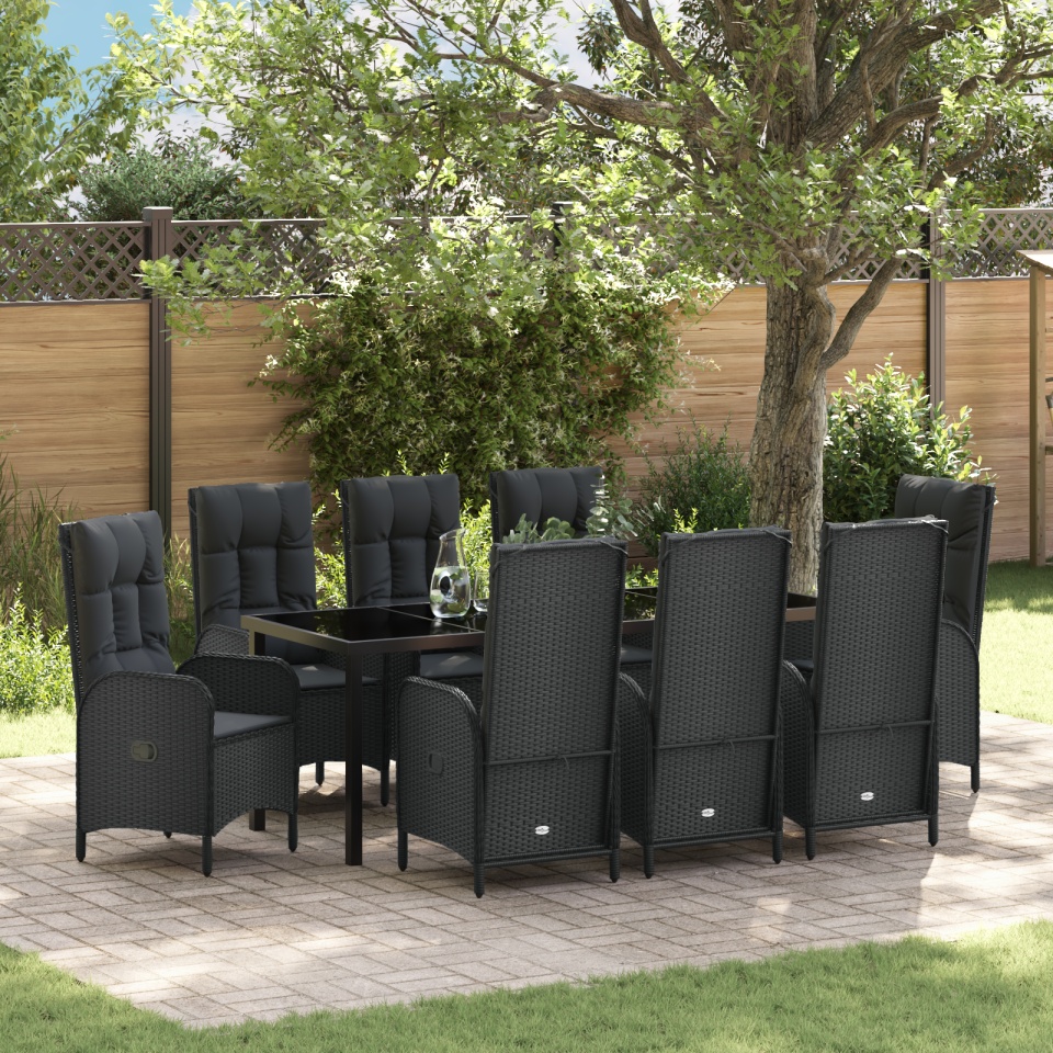 Set de Masa de Grădină 9 Piese Negru Rattan Polimer