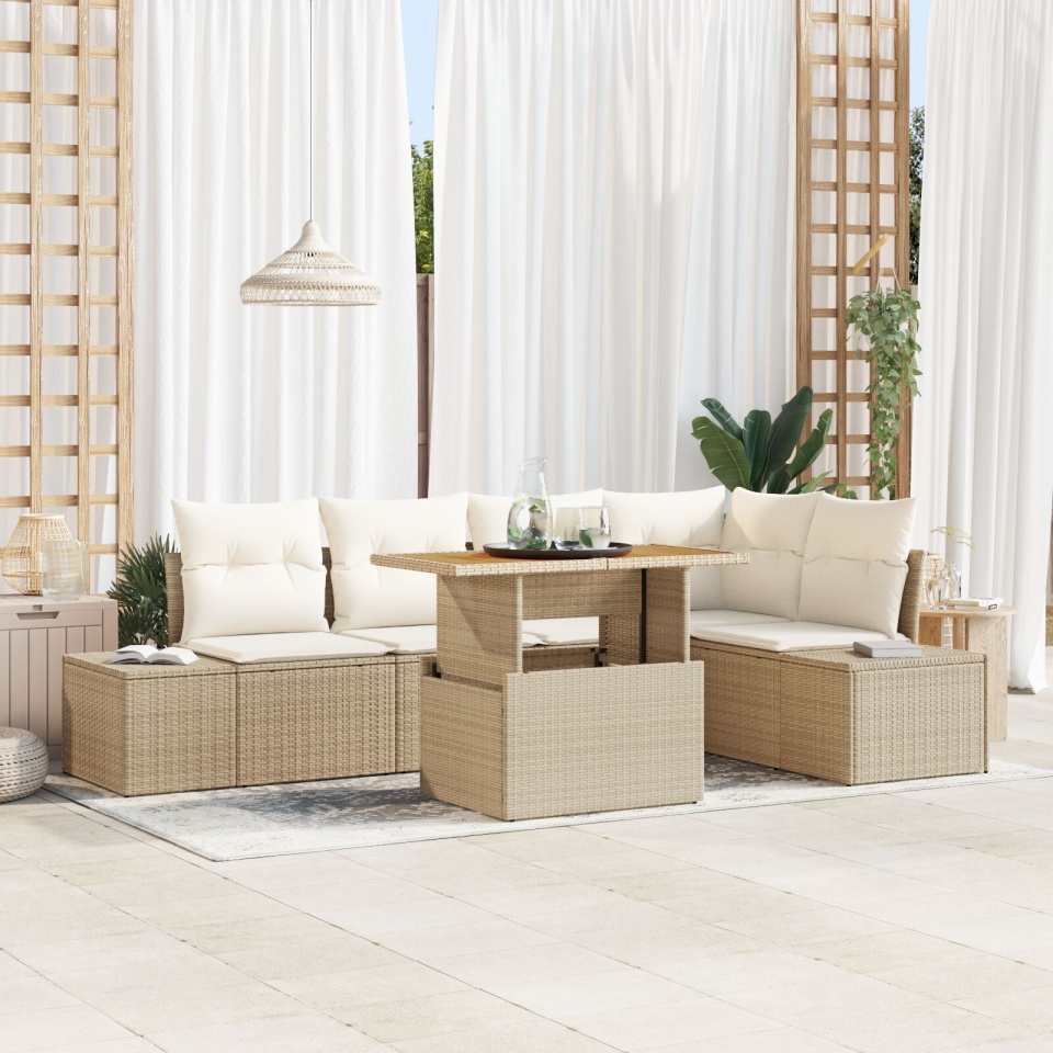 Set de Masă pentru Grădină 6 Piese cu Perne Bej Ratan Poly Acacia